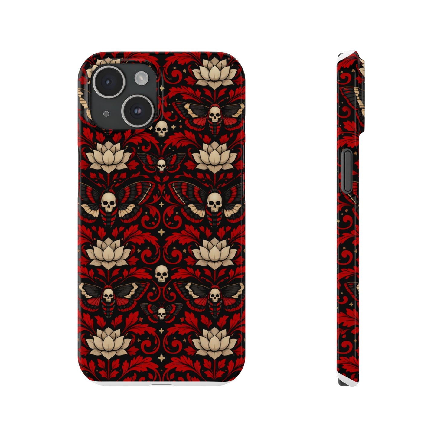 Gothic Skull & Lotus Slim Phone Case — Red Damask Moth Pattern