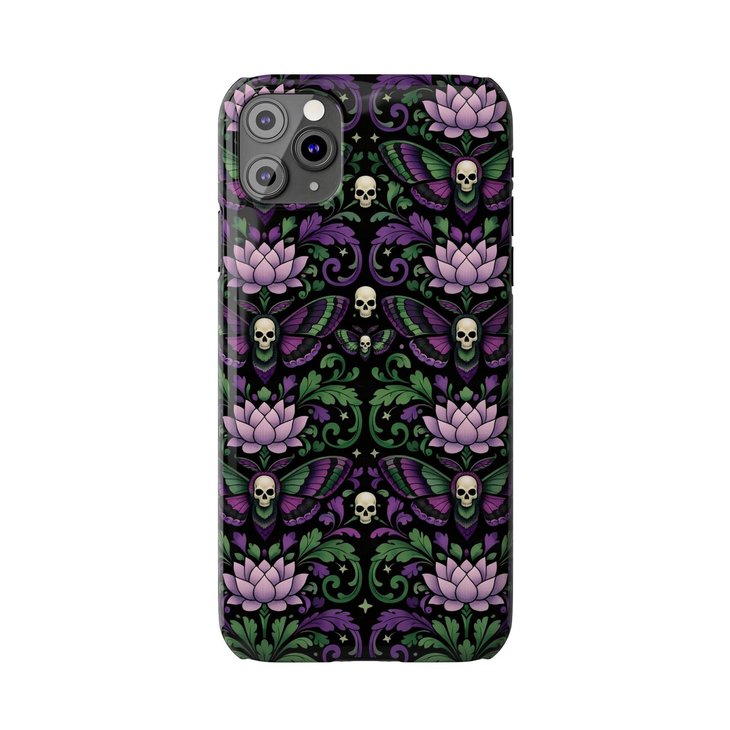 Gothic Lotus & Skull Slim Phone Case — Dark Floral Pattern for iPhone