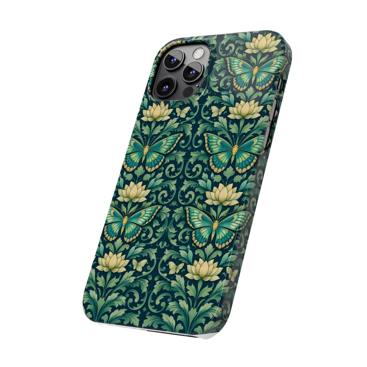 Slim Phone Case — Vintage Green Butterfly & Lotus Pattern