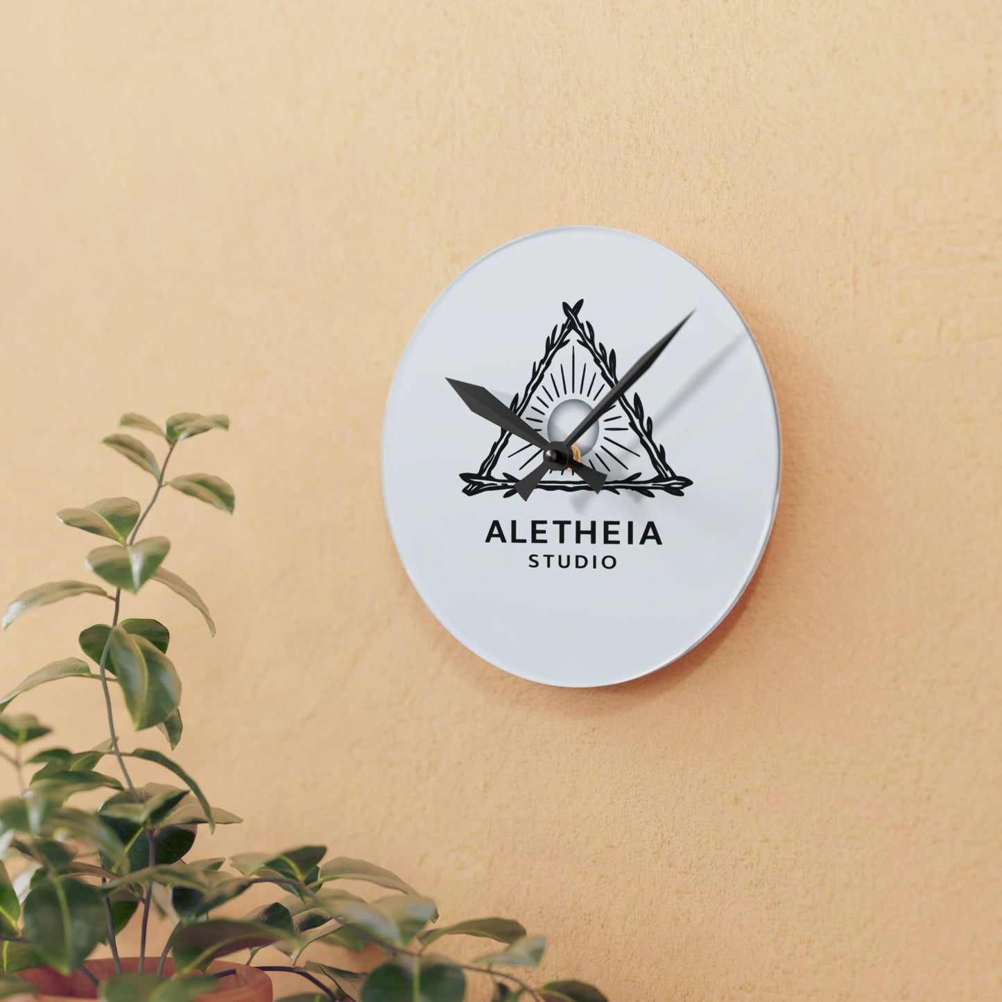 Aletheia Studio Logo Acrylic Wall Clock | Minimal Sunray Triangle Design