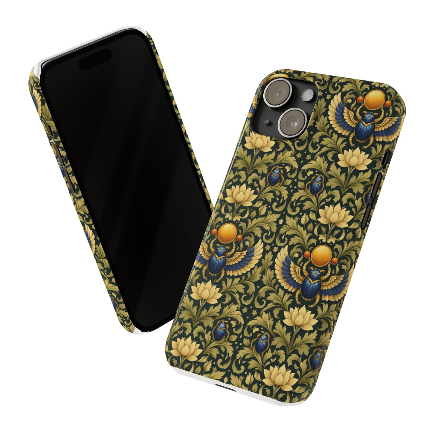 Slim Phone Case — Vintage Egyptian Scarab & Lotus Pattern (Gold on Olive)