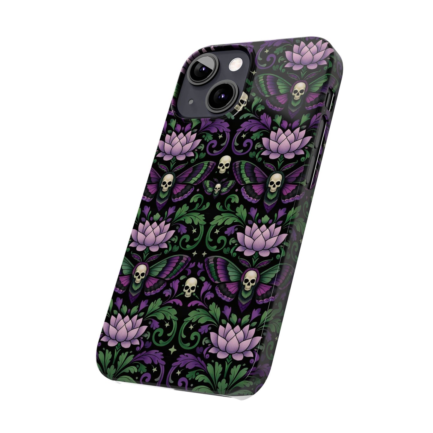 Gothic Lotus & Skull Slim Phone Case — Dark Floral Pattern for iPhone