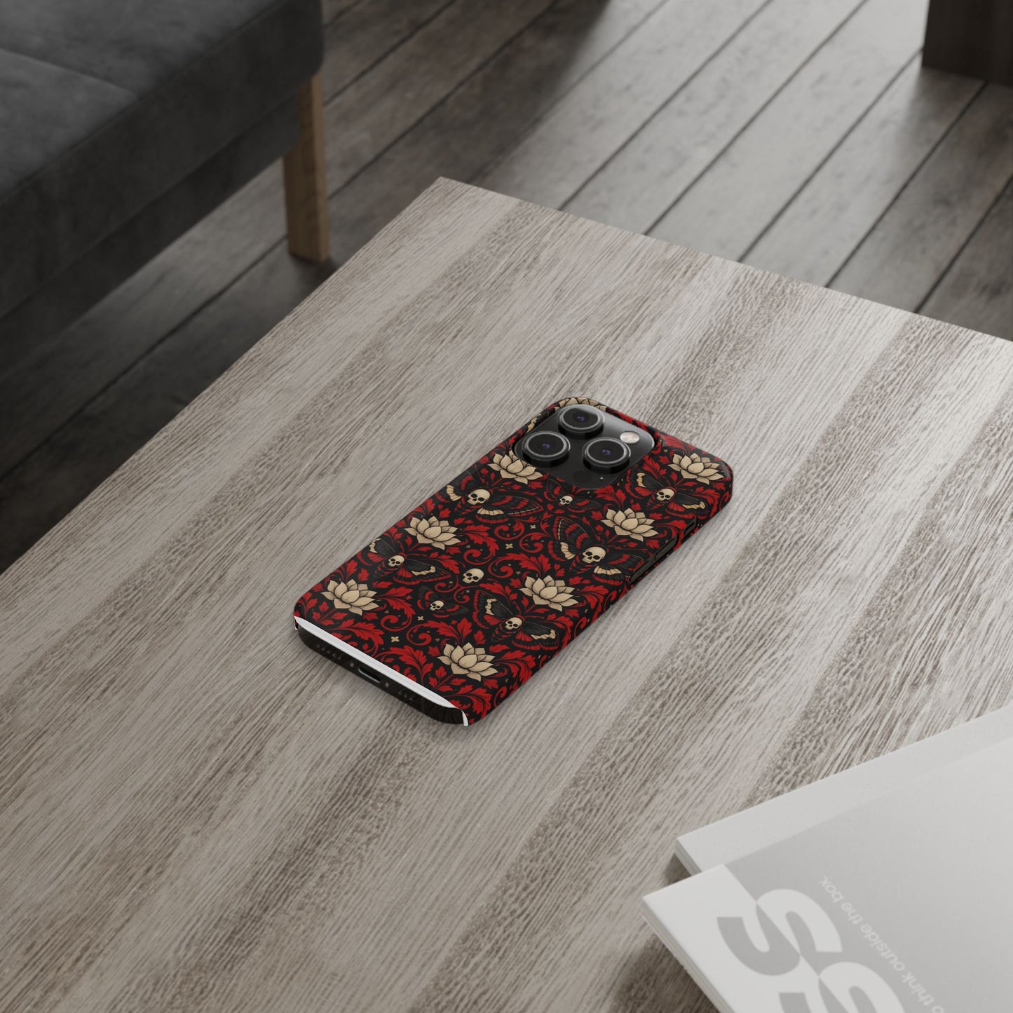 Gothic Skull & Lotus Slim Phone Case — Red Damask Moth Pattern