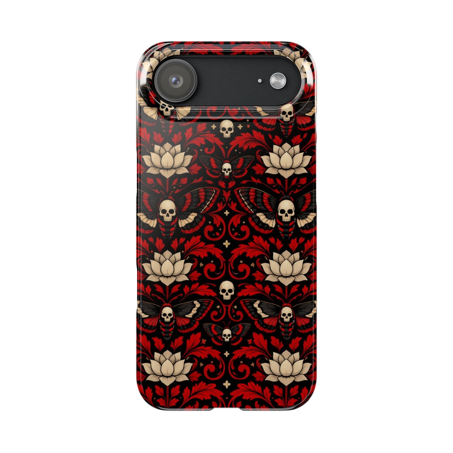 Gothic Skull & Lotus Slim Phone Case — Red Damask Moth Pattern
