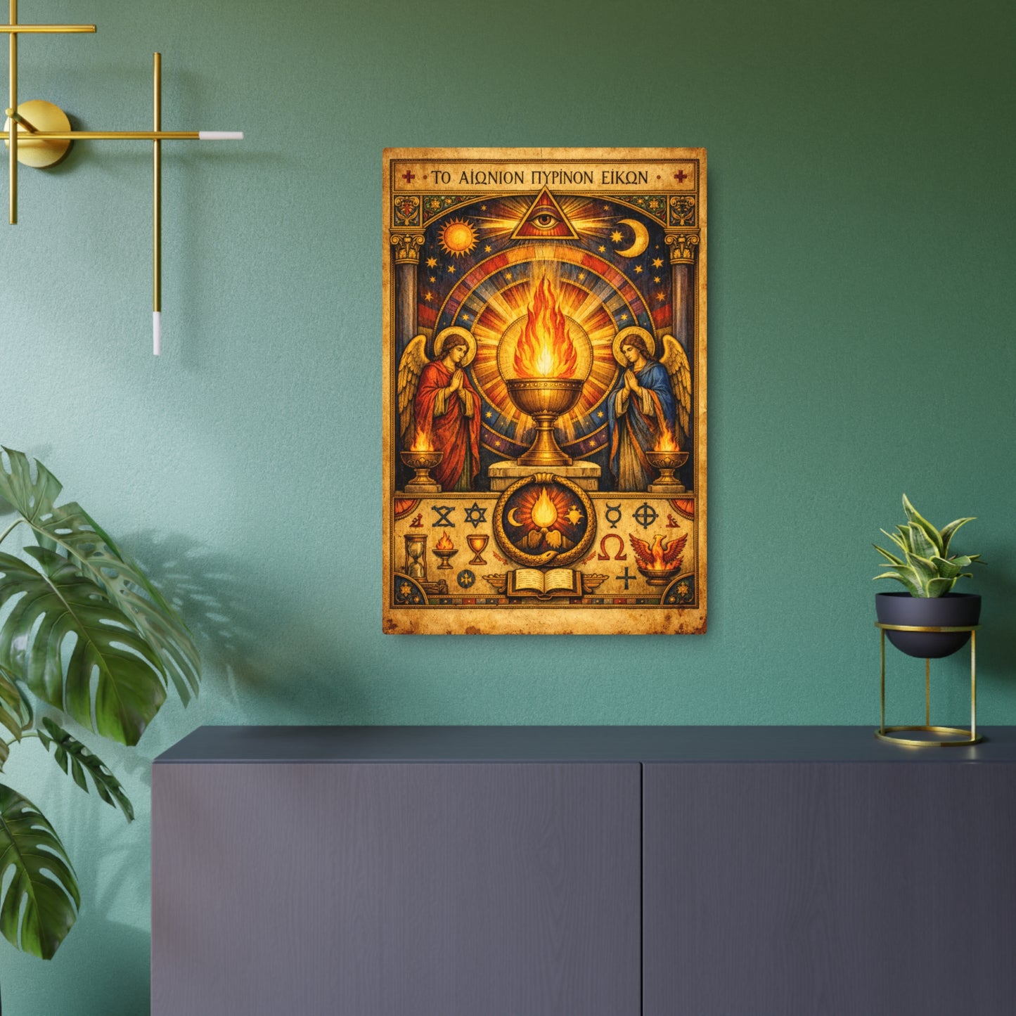 Sacred Flame Metal Art Sign — Byzantine Chalice Icon Wall Decor
