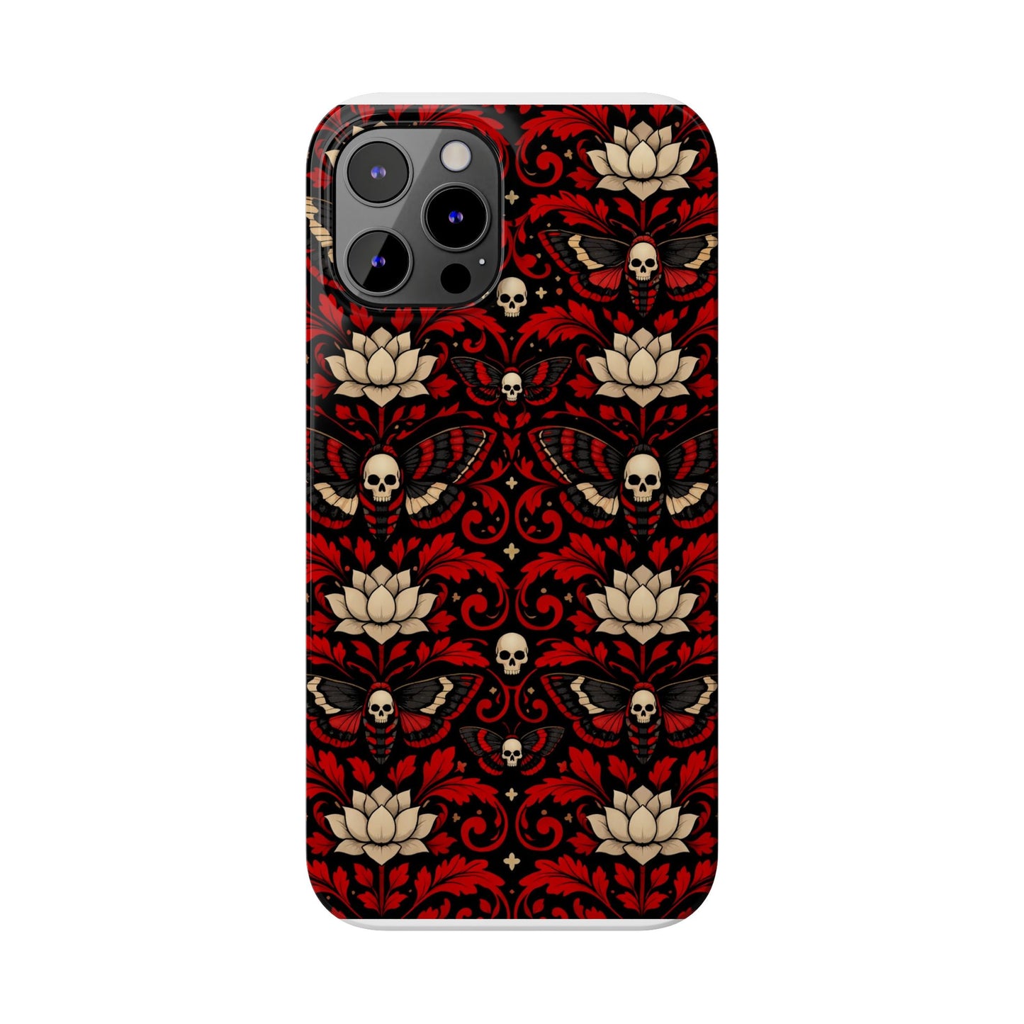 Gothic Skull & Lotus Slim Phone Case — Red Damask Moth Pattern