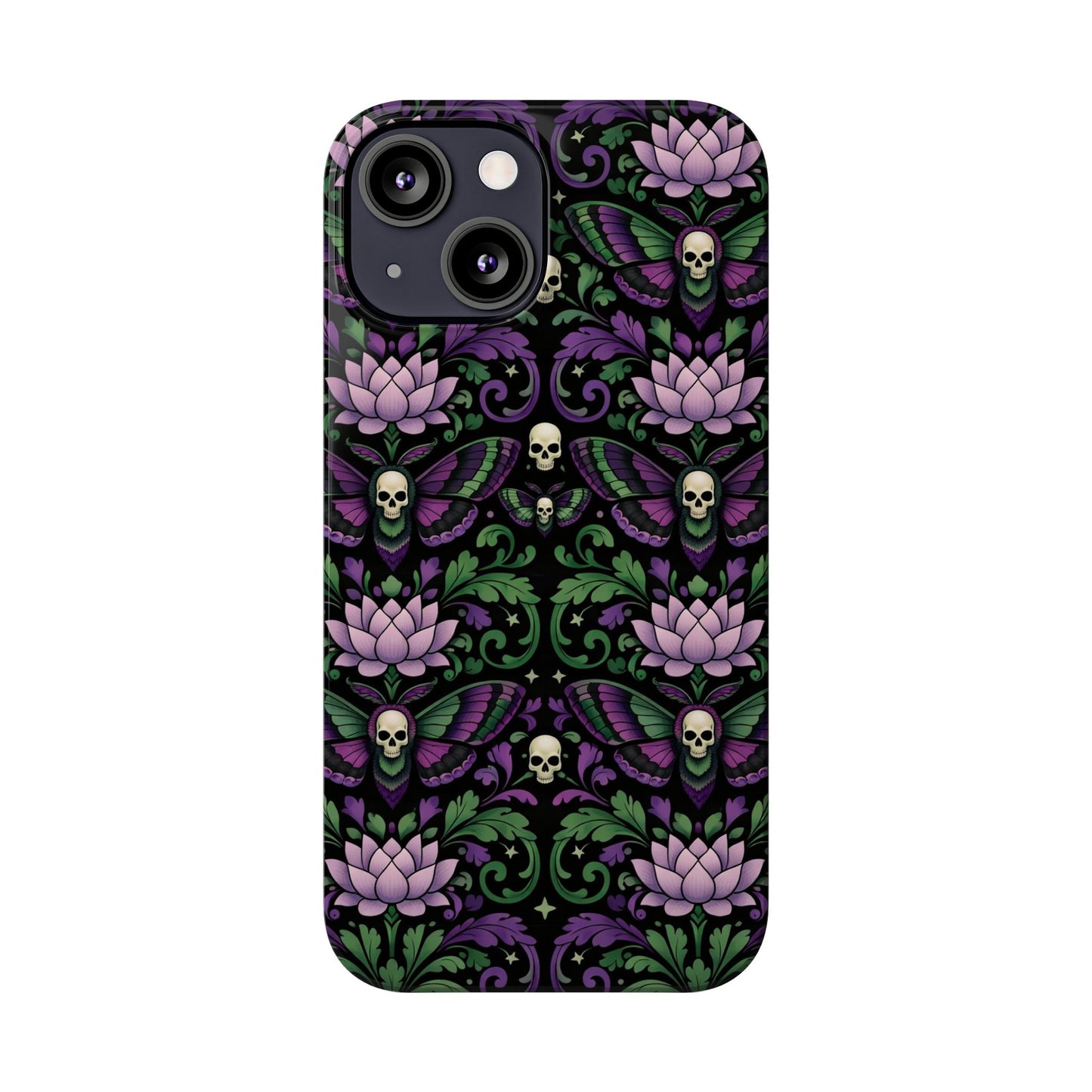 Gothic Lotus & Skull Slim Phone Case — Dark Floral Pattern for iPhone