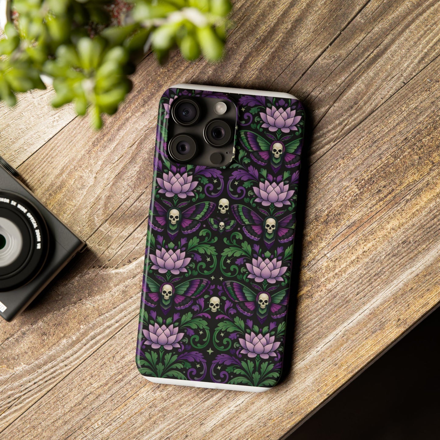 Gothic Lotus & Skull Slim Phone Case — Dark Floral Pattern for iPhone