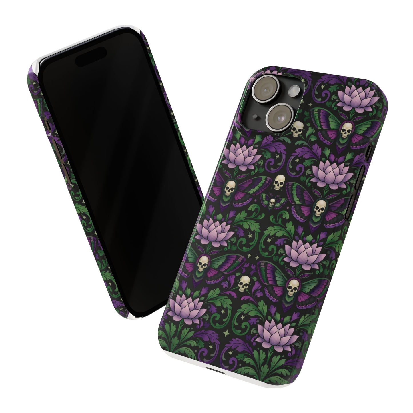 Gothic Lotus & Skull Slim Phone Case — Dark Floral Pattern for iPhone