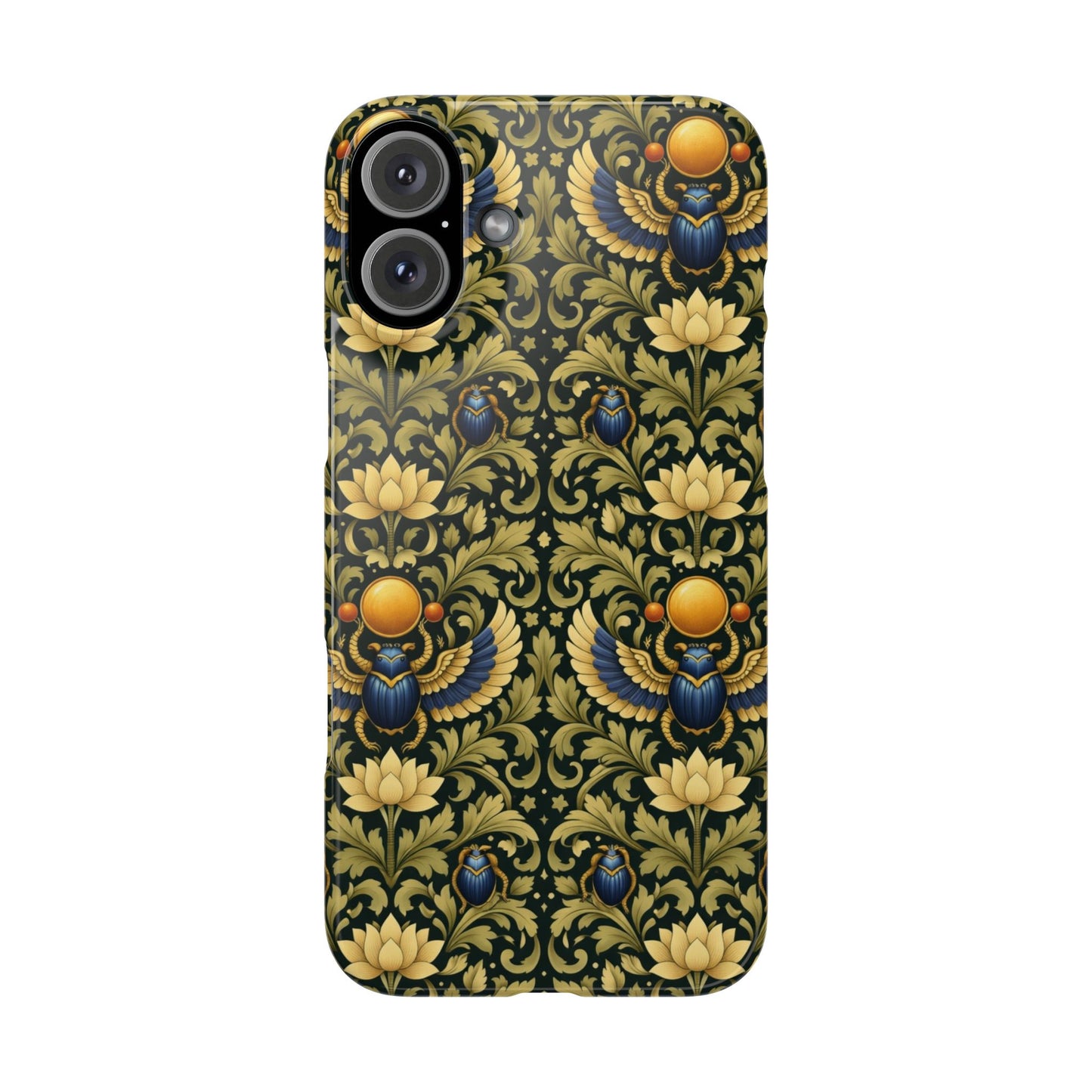 Slim Phone Case — Vintage Egyptian Scarab & Lotus Pattern (Gold on Olive)
