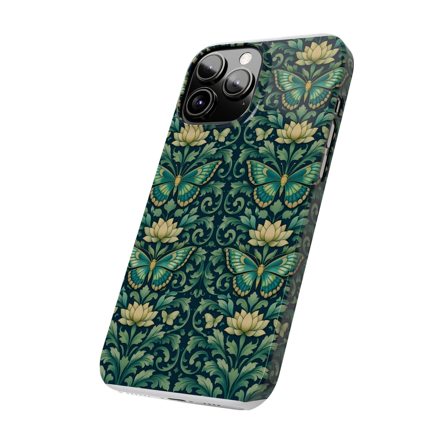 Slim Phone Case — Vintage Green Butterfly & Lotus Pattern