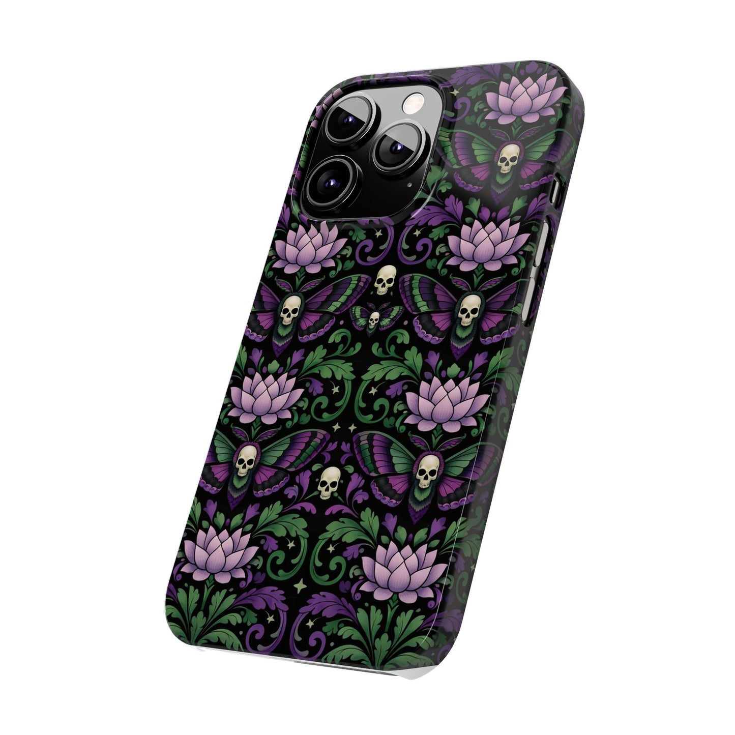 Gothic Lotus & Skull Slim Phone Case — Dark Floral Pattern for iPhone