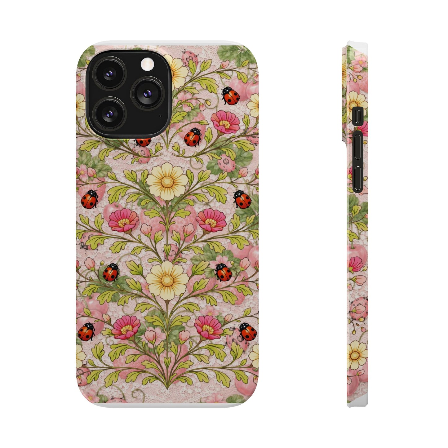 Floral Ladybug Slim Phone Case — Vintage Botanical Pink Garden Design