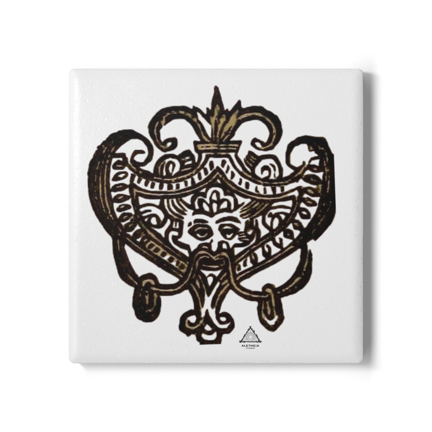 Vintage Fleur-de-Lis Ceramic Coaster — Ornate Gothic Mask Design