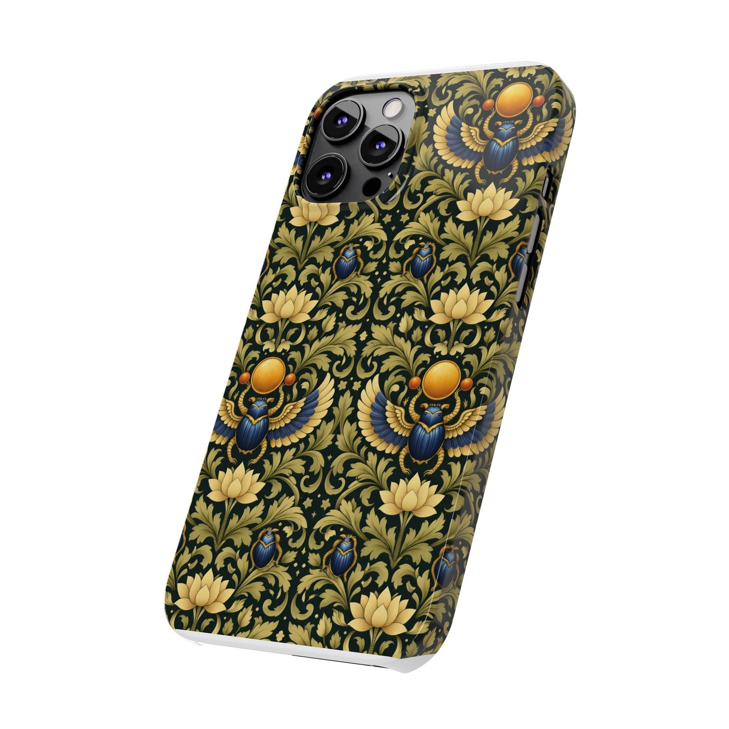 Slim Phone Case — Vintage Egyptian Scarab & Lotus Pattern (Gold on Olive)