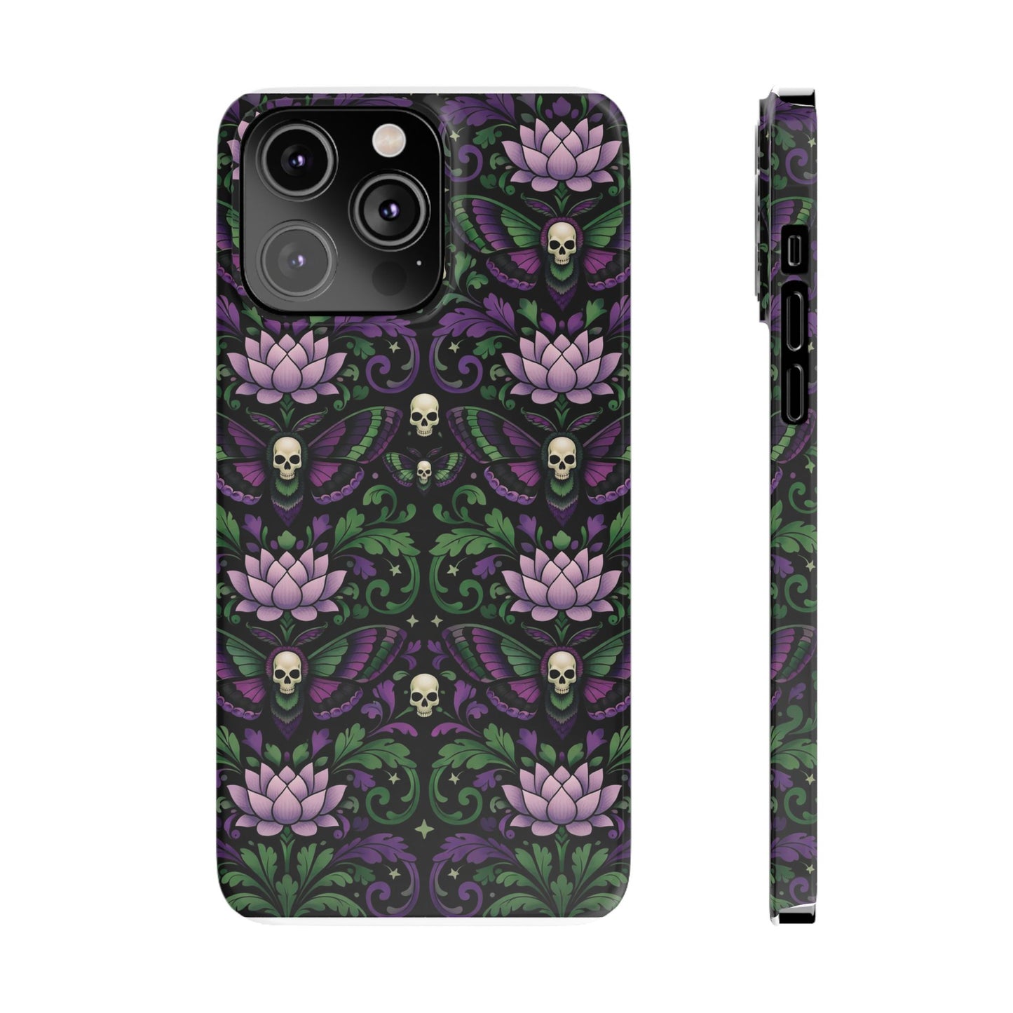 Gothic Lotus & Skull Slim Phone Case — Dark Floral Pattern for iPhone