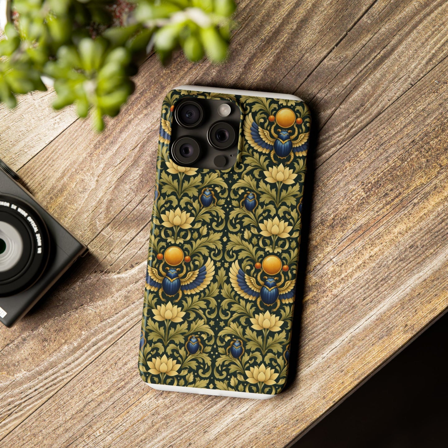 Slim Phone Case — Vintage Egyptian Scarab & Lotus Pattern (Gold on Olive)