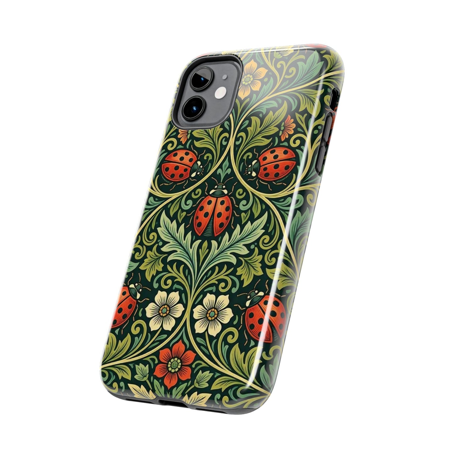 Vintage Floral Ladybug Tough Phone Case — Botanical Victorian Pattern