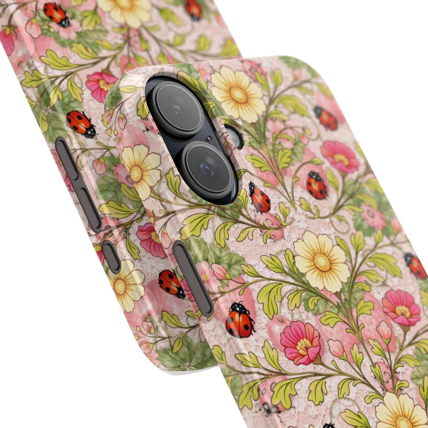 Floral Ladybug Slim Phone Case — Vintage Botanical Pink Garden Design