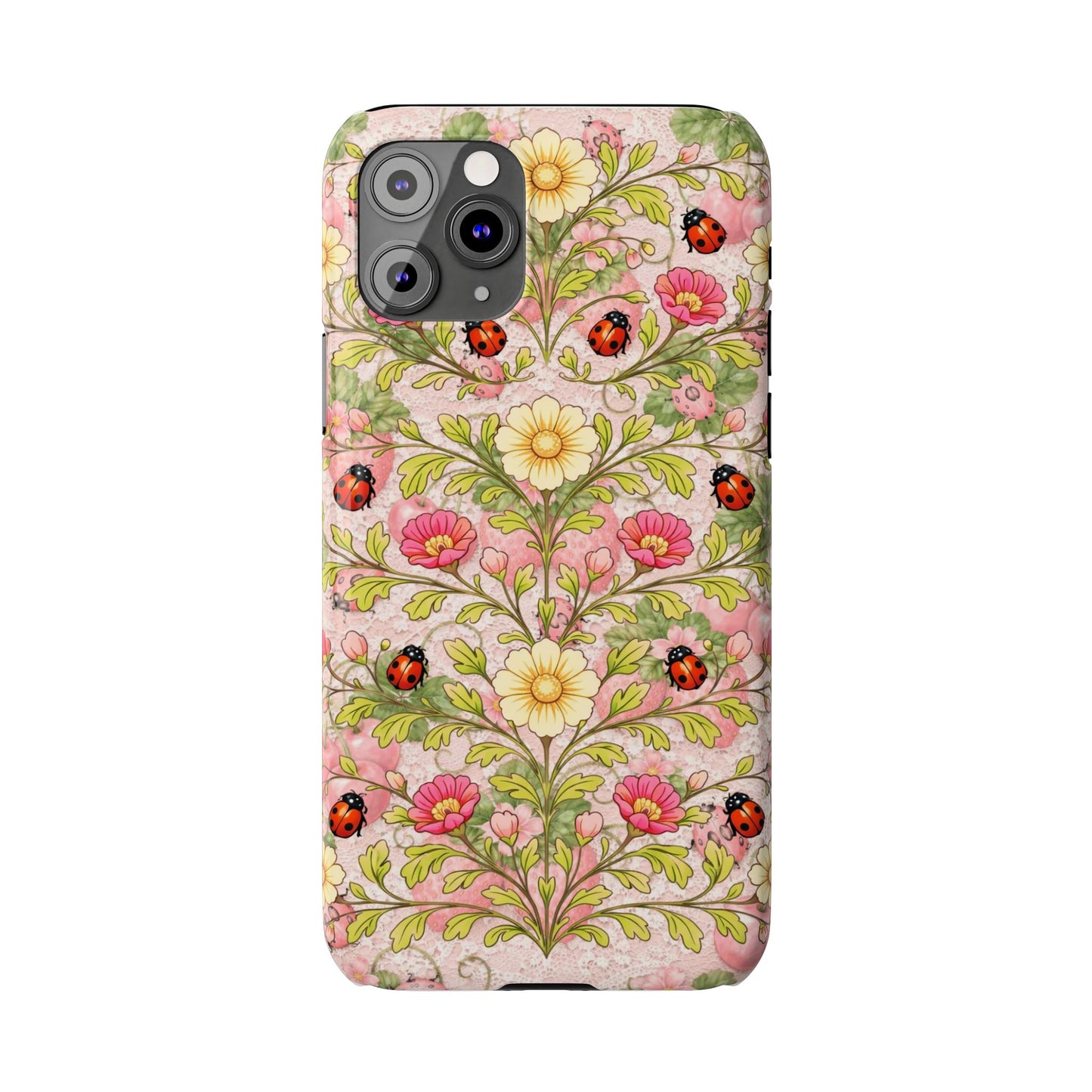 Floral Ladybug Slim Phone Case — Vintage Botanical Pink Garden Design