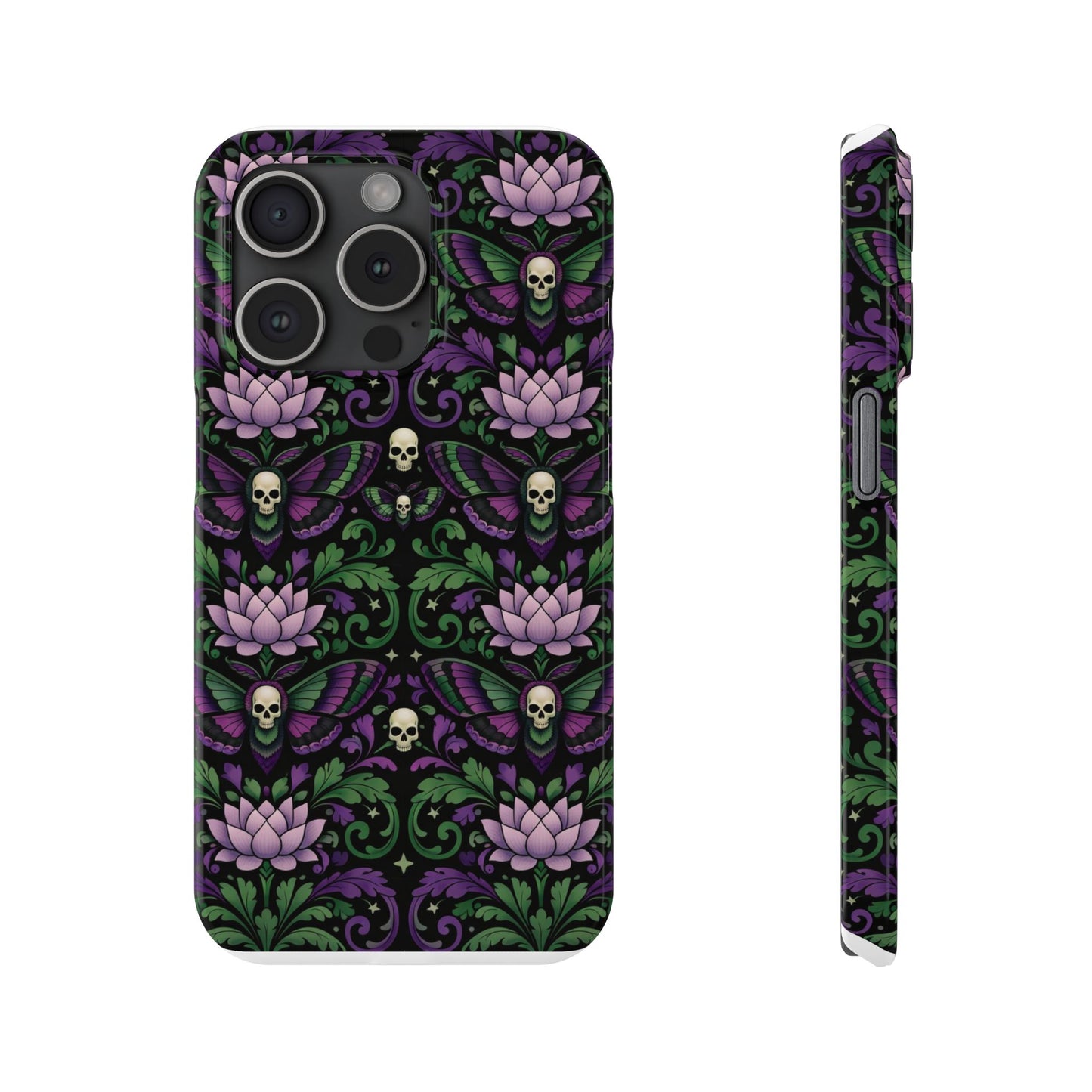 Gothic Lotus & Skull Slim Phone Case — Dark Floral Pattern for iPhone