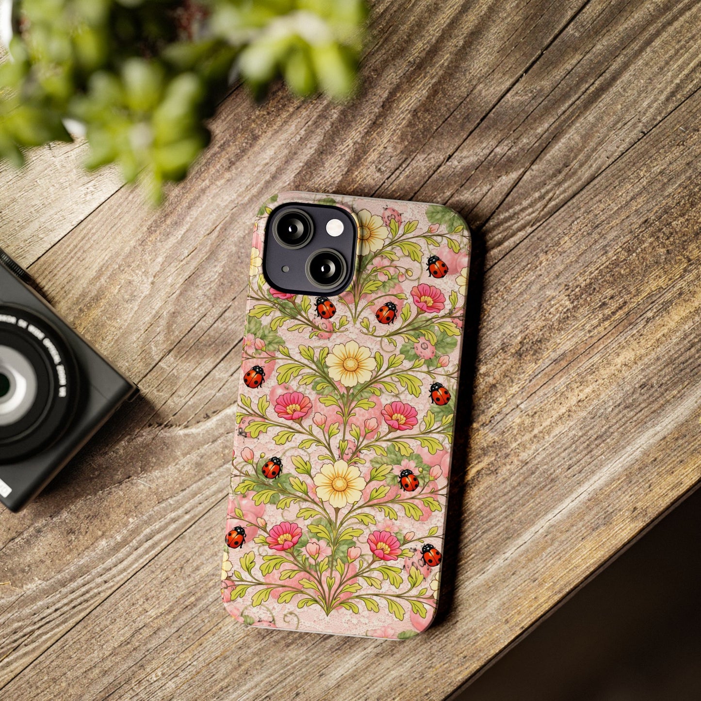 Floral Ladybug Slim Phone Case — Vintage Botanical Pink Garden Design