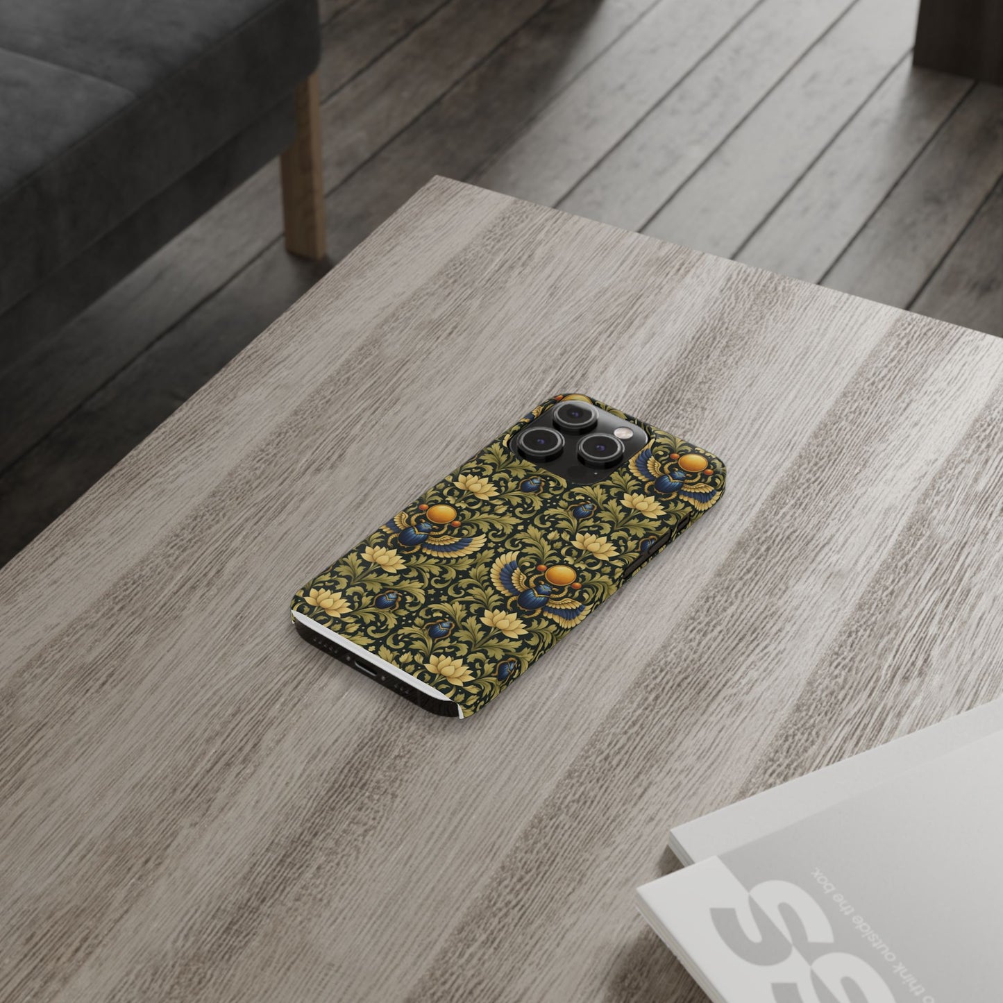 Slim Phone Case — Vintage Egyptian Scarab & Lotus Pattern (Gold on Olive)
