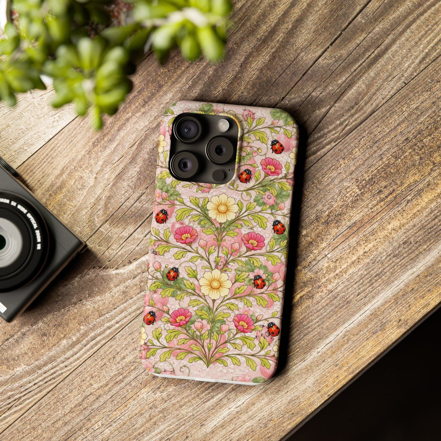 Floral Ladybug Slim Phone Case — Vintage Botanical Pink Garden Design