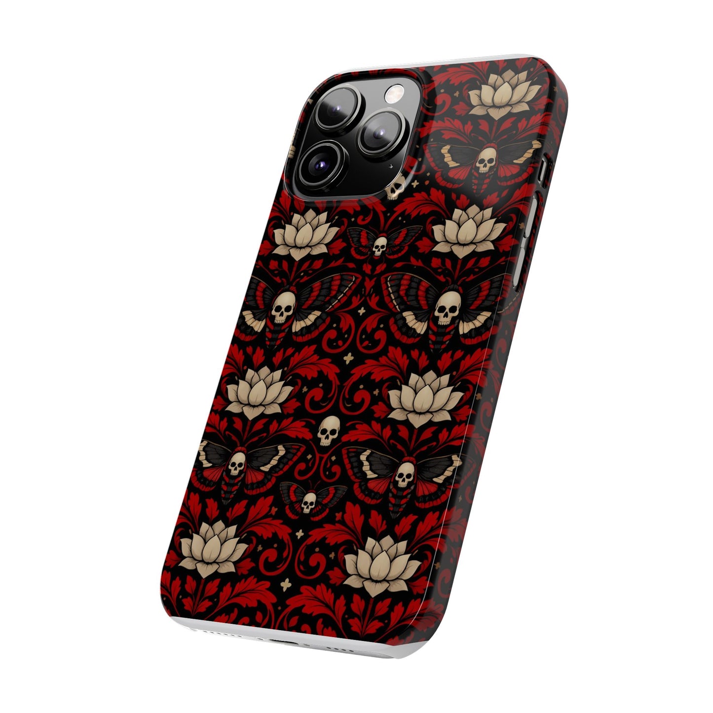 Gothic Skull & Lotus Slim Phone Case — Red Damask Moth Pattern