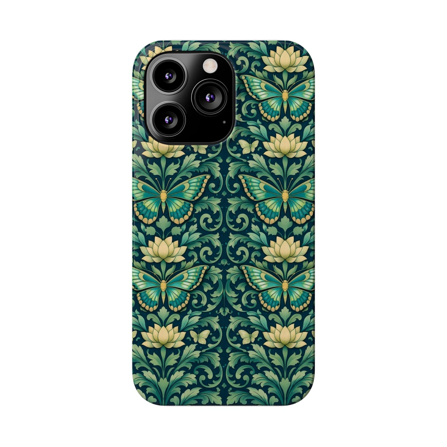 Slim Phone Case — Vintage Green Butterfly & Lotus Pattern