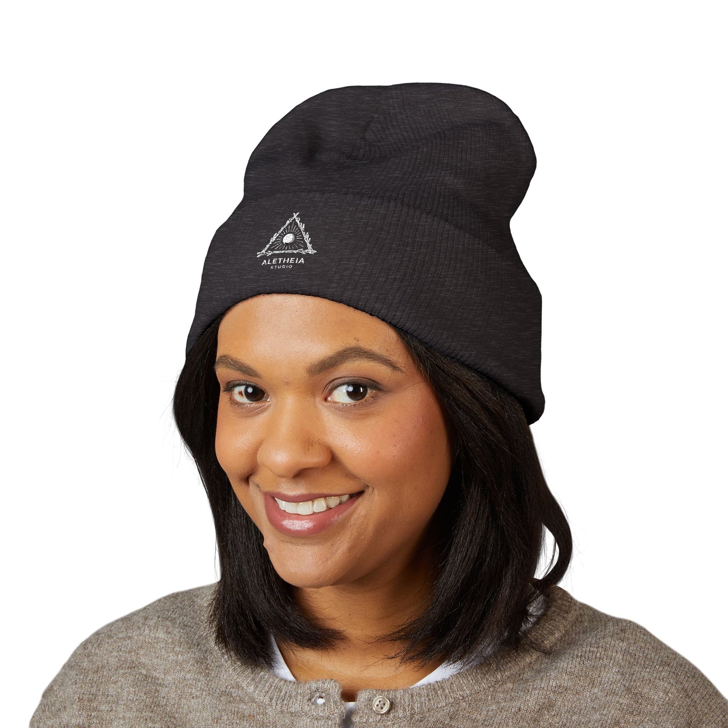 Embroidered Heart Rose Cuffed Beanie – Minimal White Knit Winter Hat