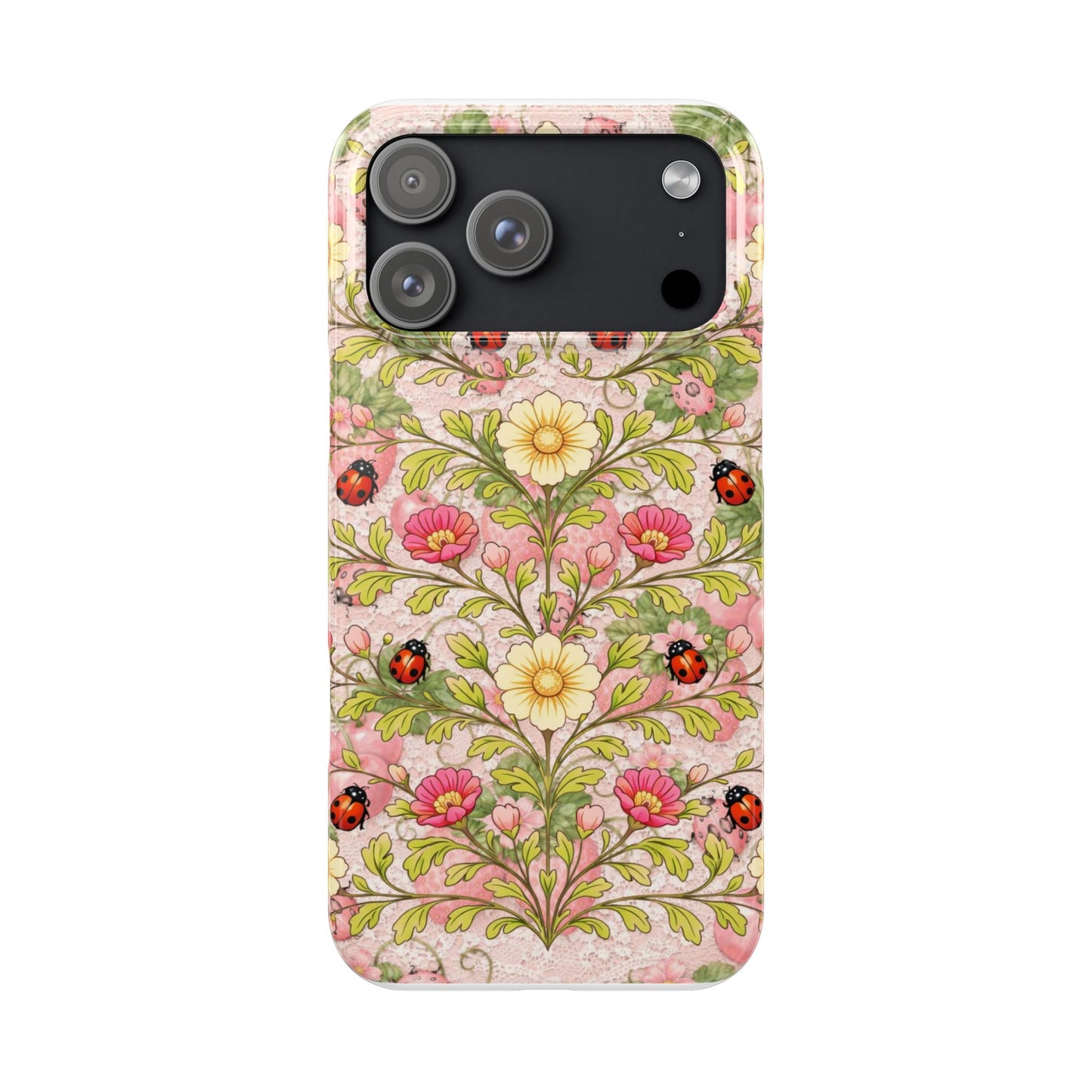 Floral Ladybug Slim Phone Case — Vintage Botanical Pink Garden Design