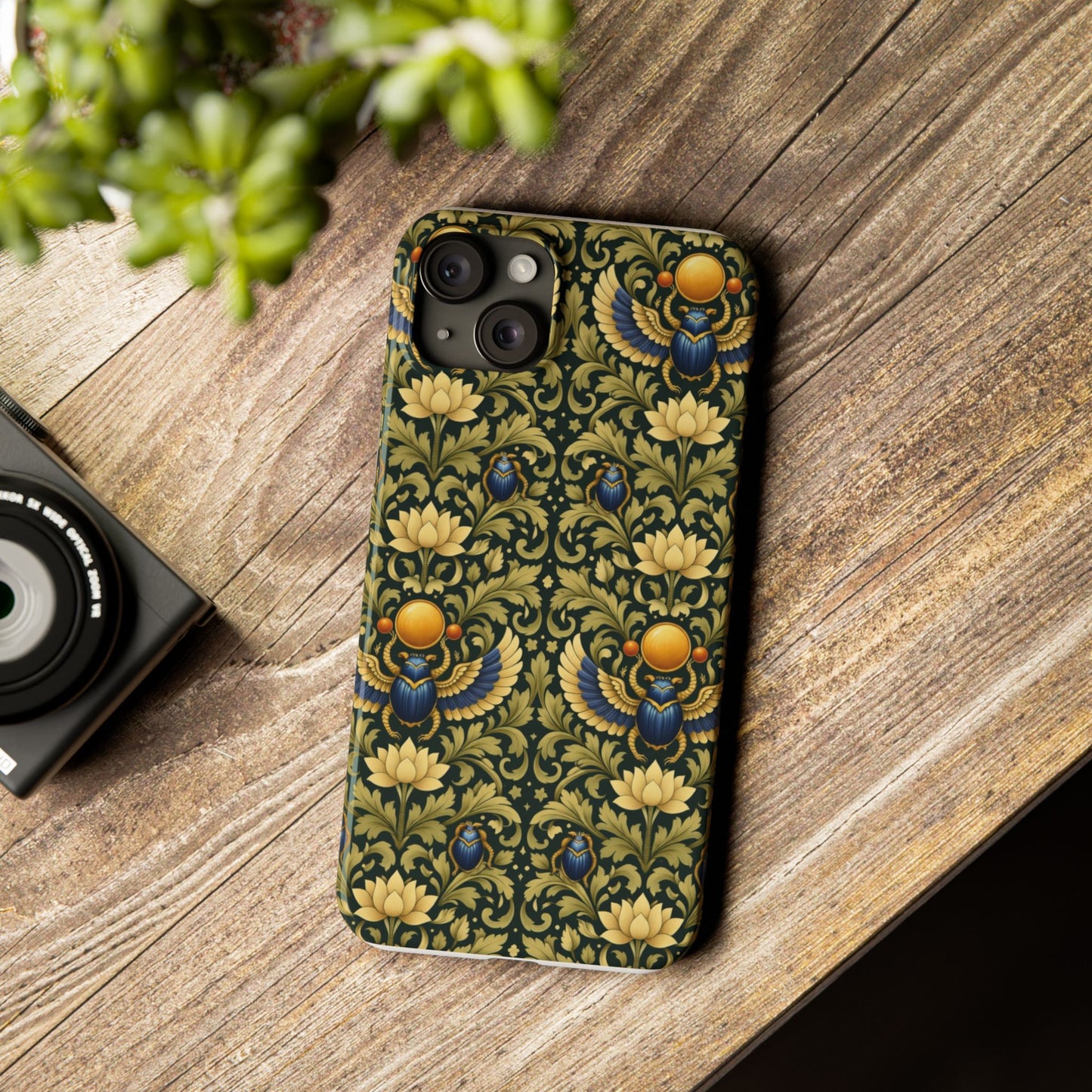 Slim Phone Case — Vintage Egyptian Scarab & Lotus Pattern (Gold on Olive)