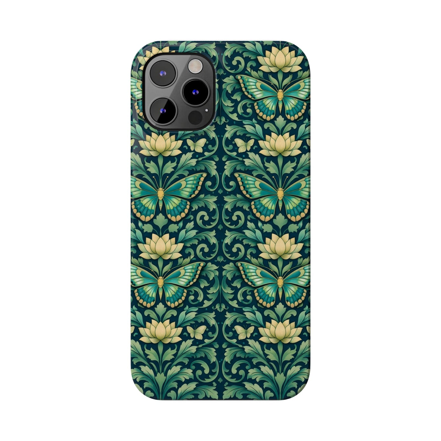 Slim Phone Case — Vintage Green Butterfly & Lotus Pattern