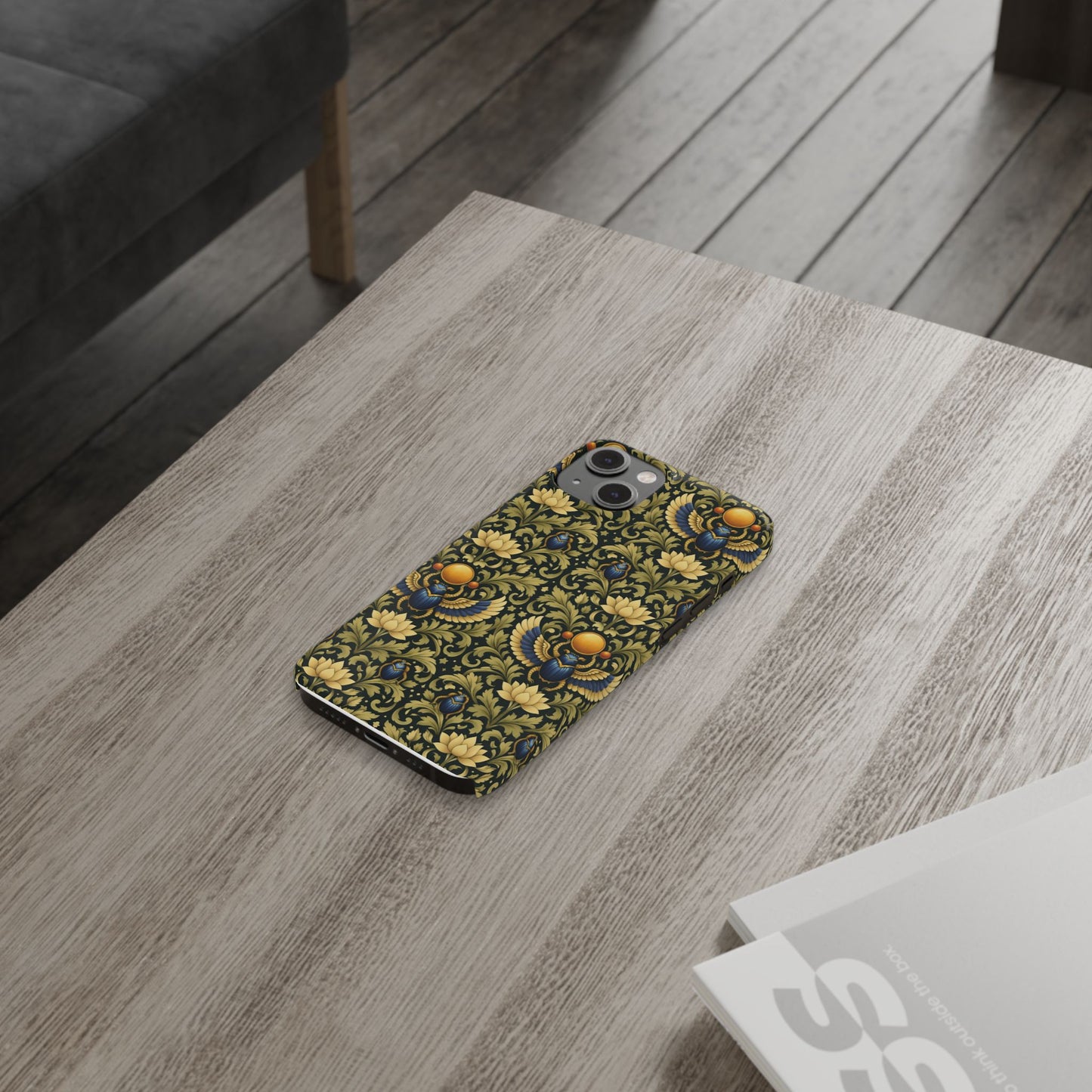 Slim Phone Case — Vintage Egyptian Scarab & Lotus Pattern (Gold on Olive)