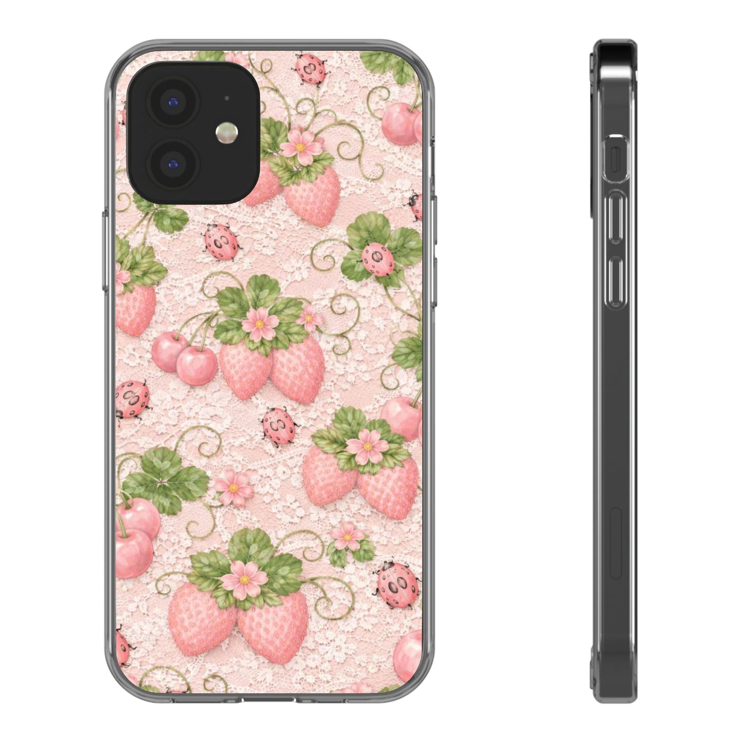Pink Strawberry Pattern Clear Case | Floral Phone Case, Cute Fruit Design