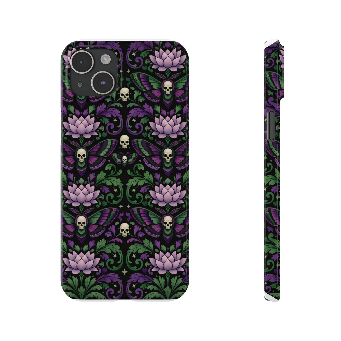 Gothic Lotus & Skull Slim Phone Case — Dark Floral Pattern for iPhone