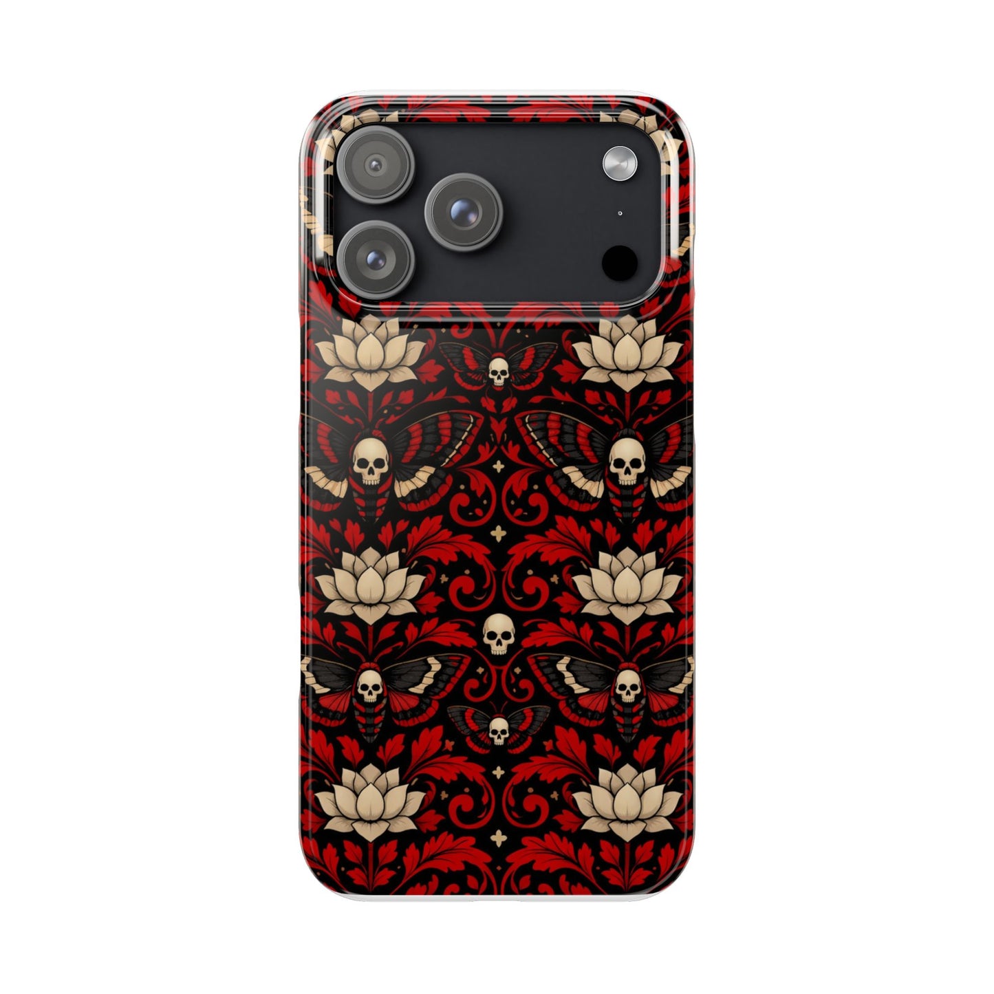 Gothic Skull & Lotus Slim Phone Case — Red Damask Moth Pattern