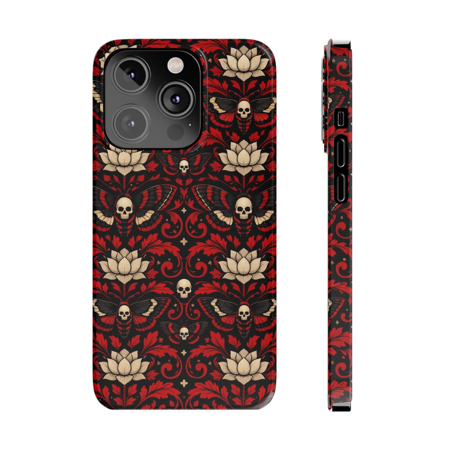 Gothic Skull & Lotus Slim Phone Case — Red Damask Moth Pattern