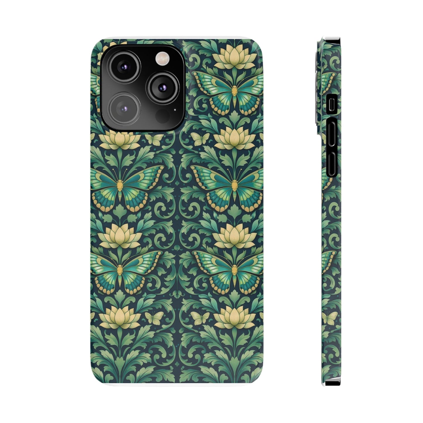 Slim Phone Case — Vintage Green Butterfly & Lotus Pattern