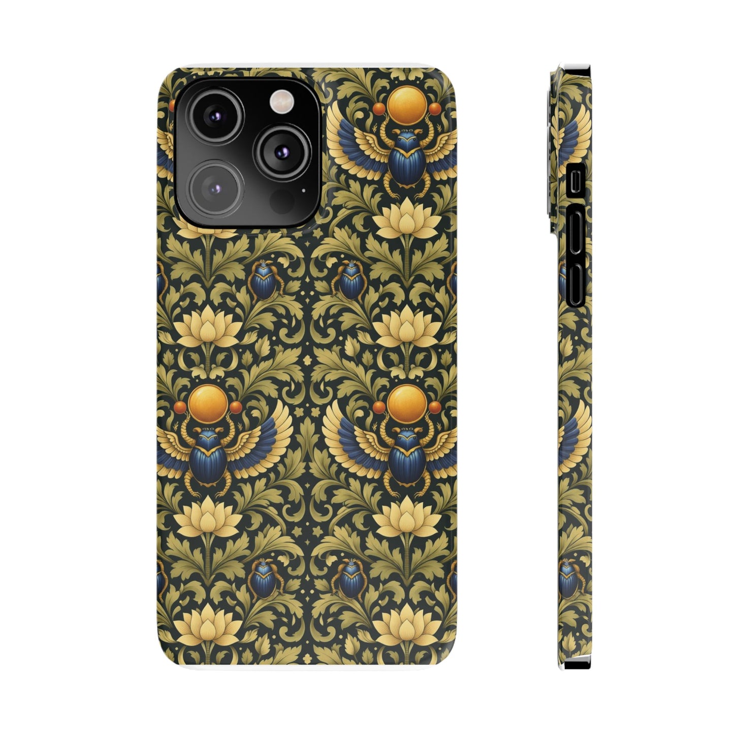 Slim Phone Case — Vintage Egyptian Scarab & Lotus Pattern (Gold on Olive)