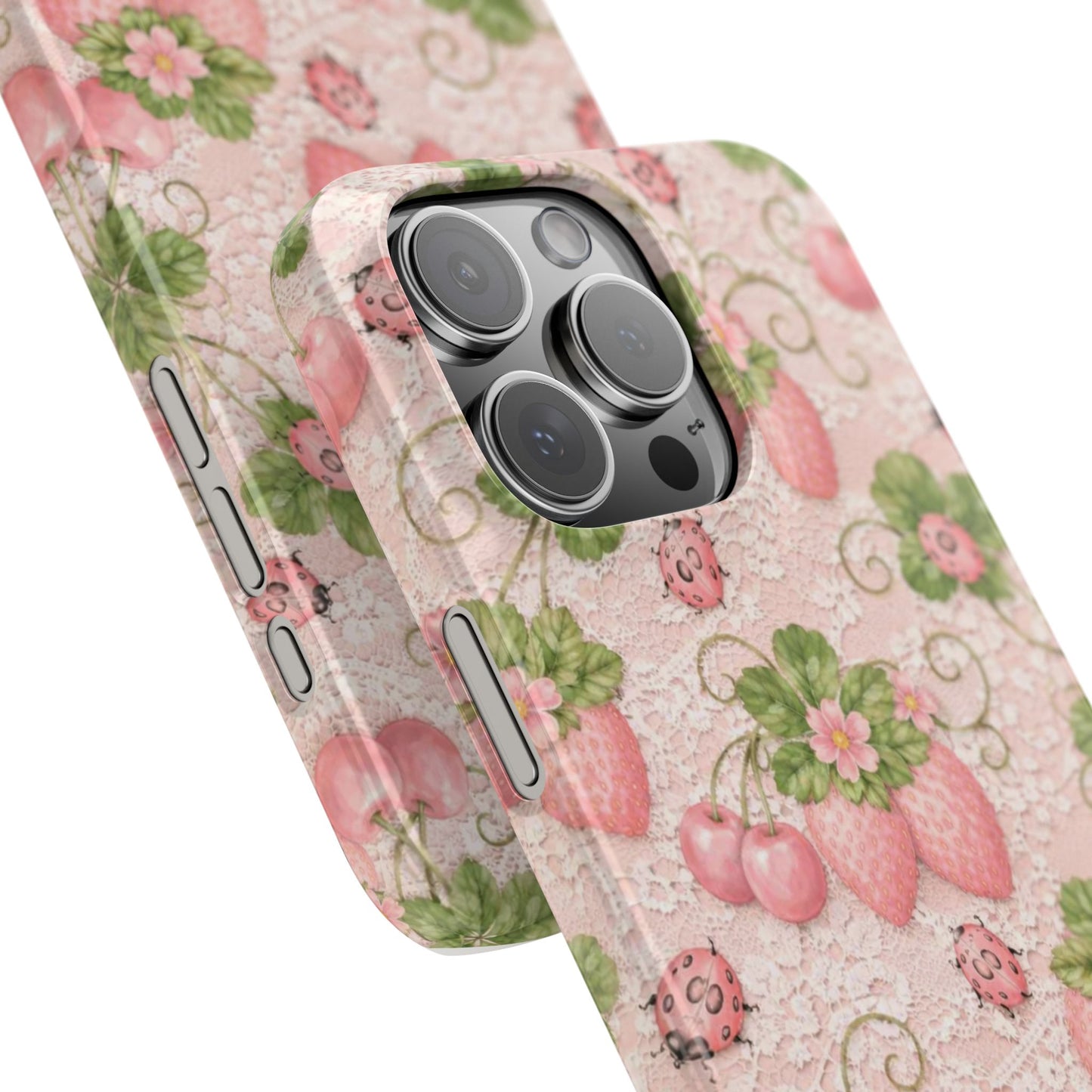 Strawberry Pattern Slim Phone Case — Vintage Pink Floral Fruit Design