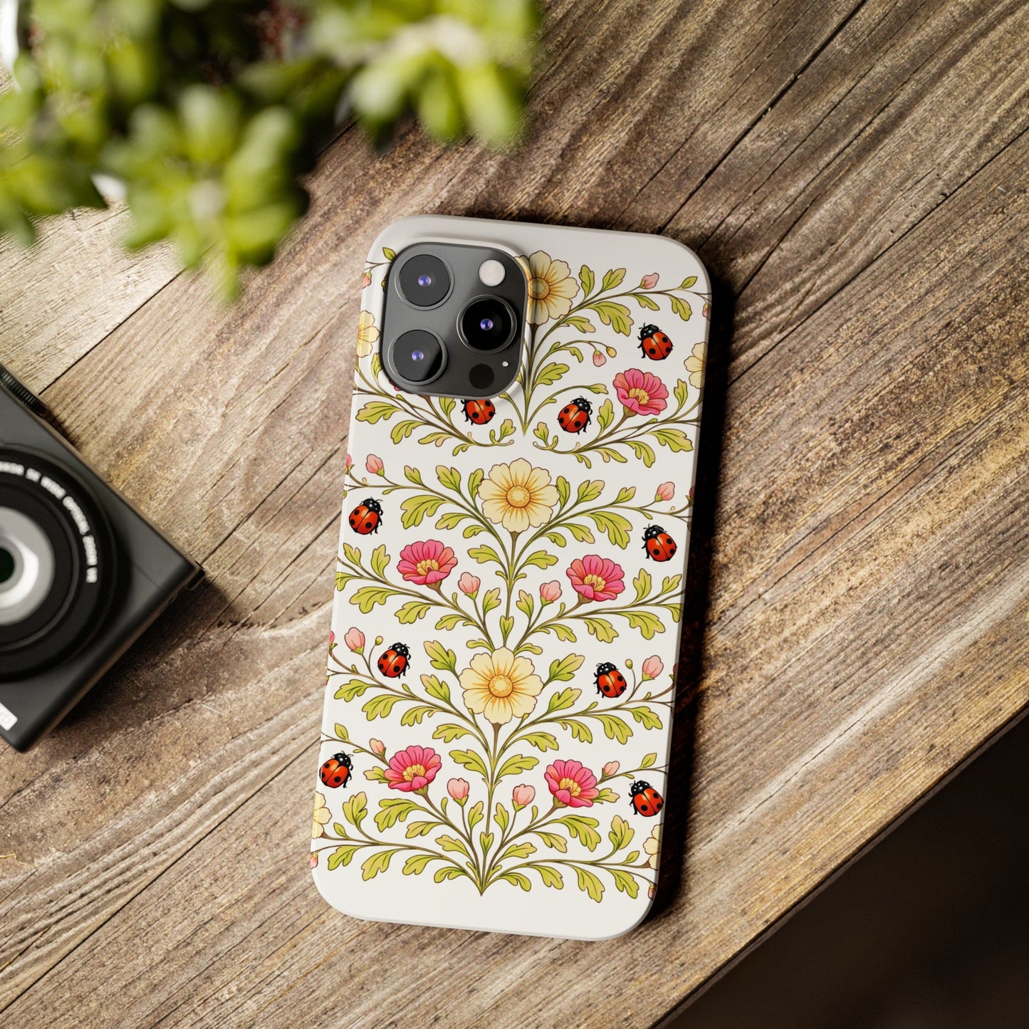 Floral Ladybug Slim Phone Case — Vintage Garden Pattern