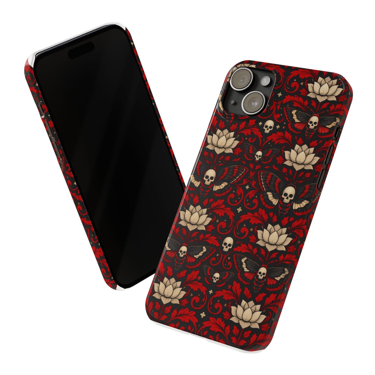 Gothic Skull & Lotus Slim Phone Case — Red Damask Moth Pattern