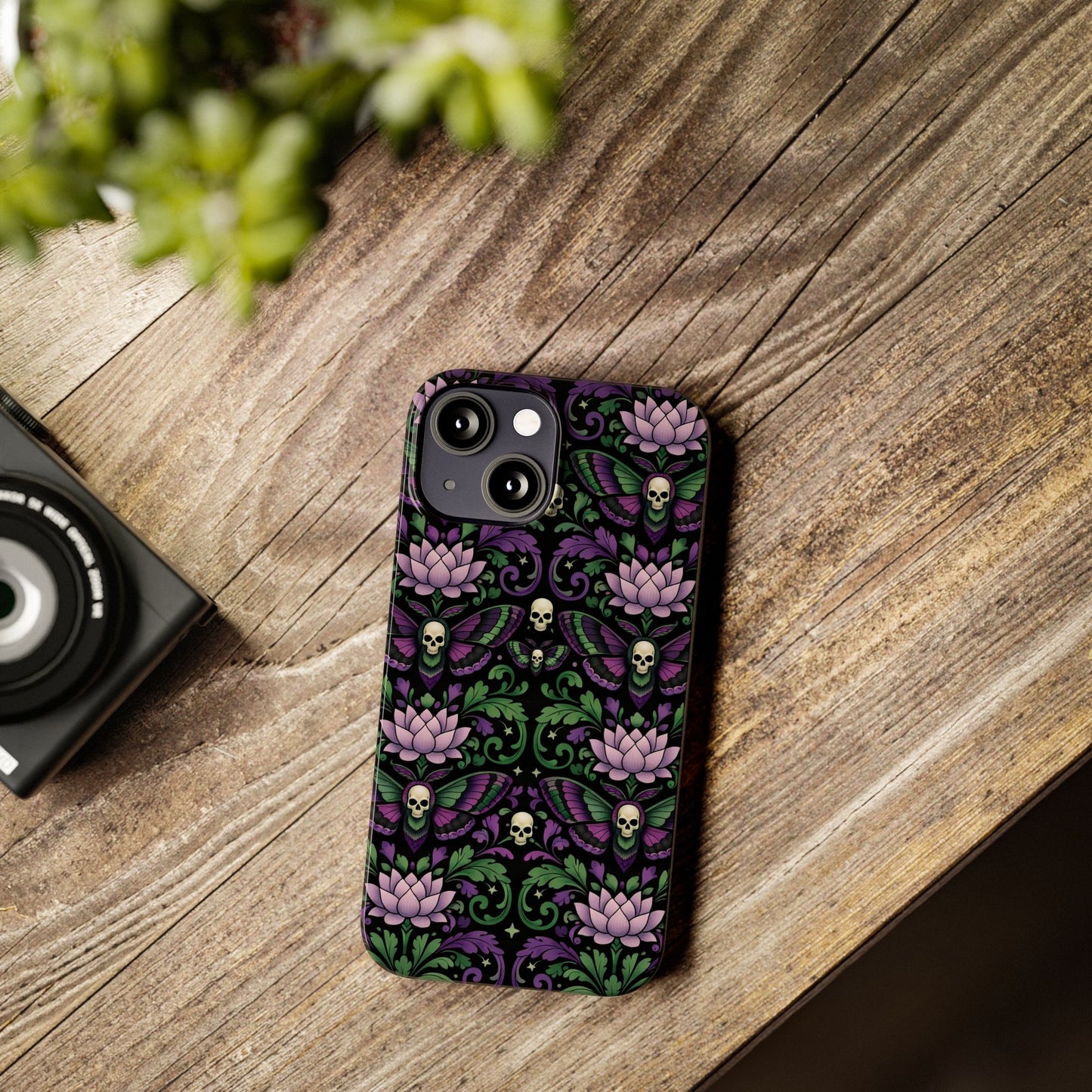 Gothic Lotus & Skull Slim Phone Case — Dark Floral Pattern for iPhone
