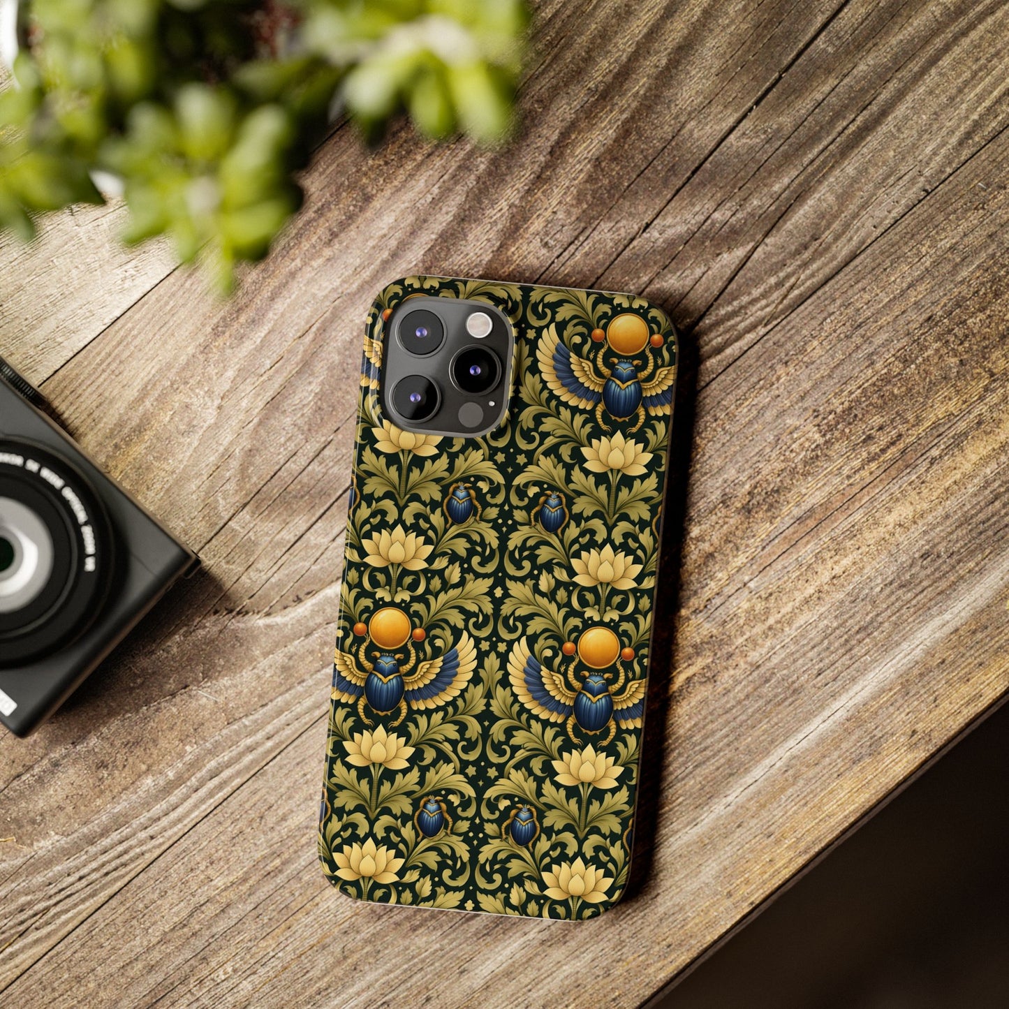 Slim Phone Case — Vintage Egyptian Scarab & Lotus Pattern (Gold on Olive)