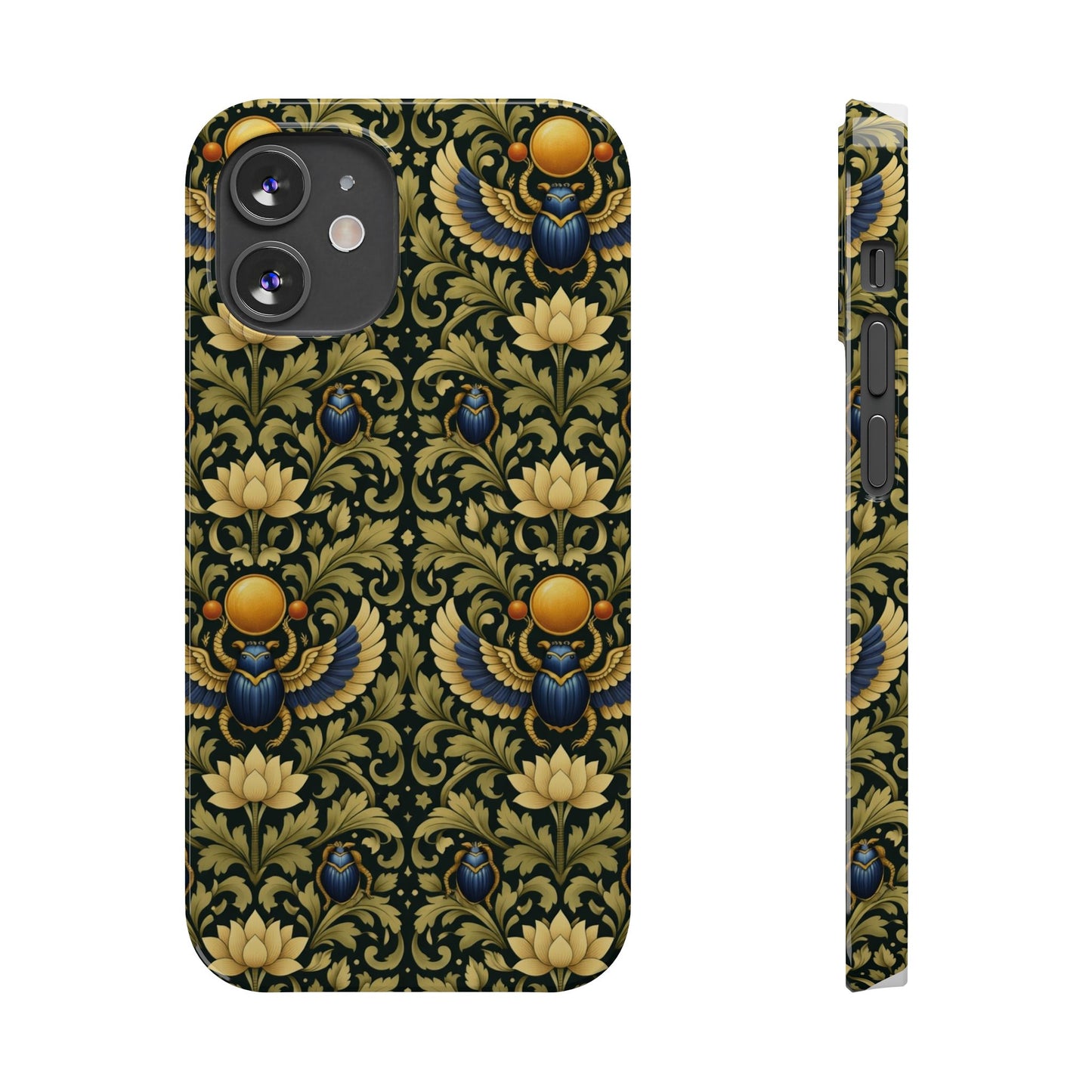 Slim Phone Case — Vintage Egyptian Scarab & Lotus Pattern (Gold on Olive)
