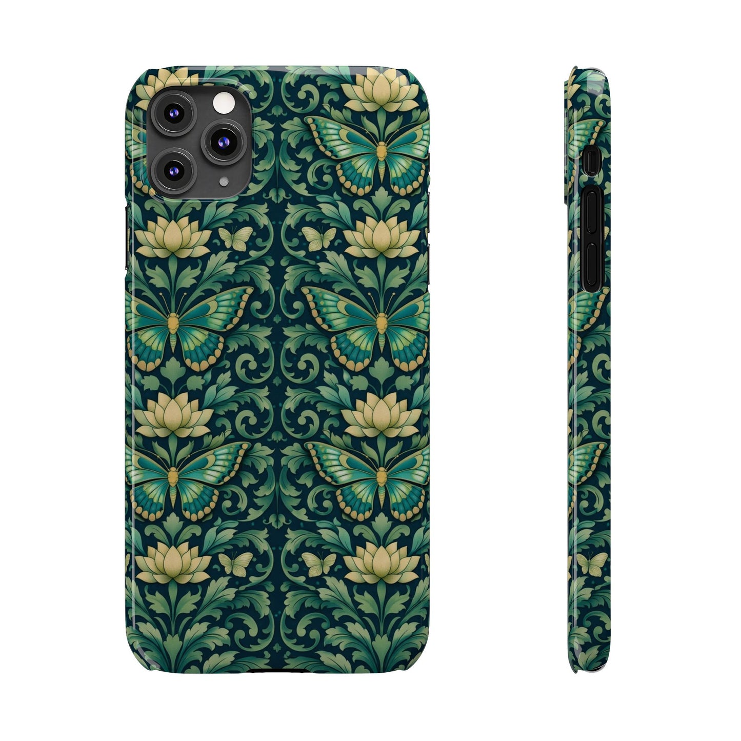 Slim Phone Case — Vintage Green Butterfly & Lotus Pattern