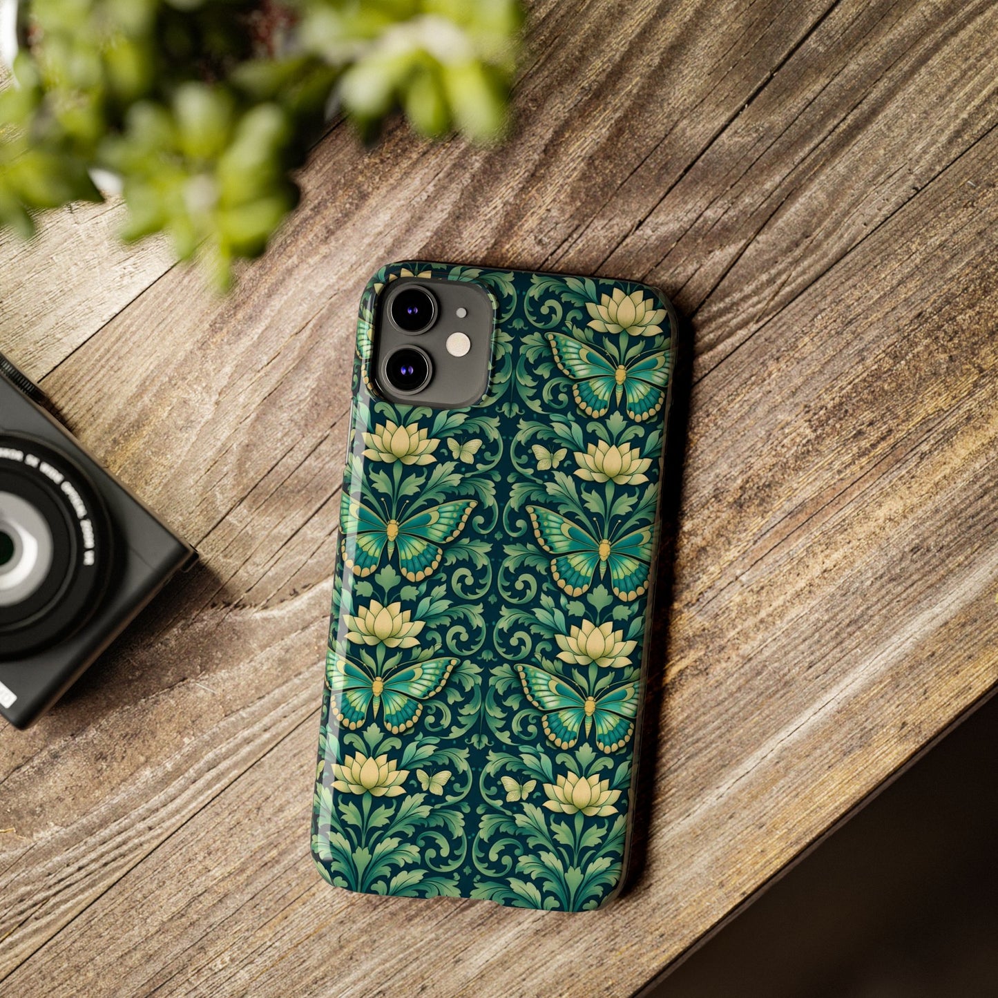 Slim Phone Case — Vintage Green Butterfly & Lotus Pattern
