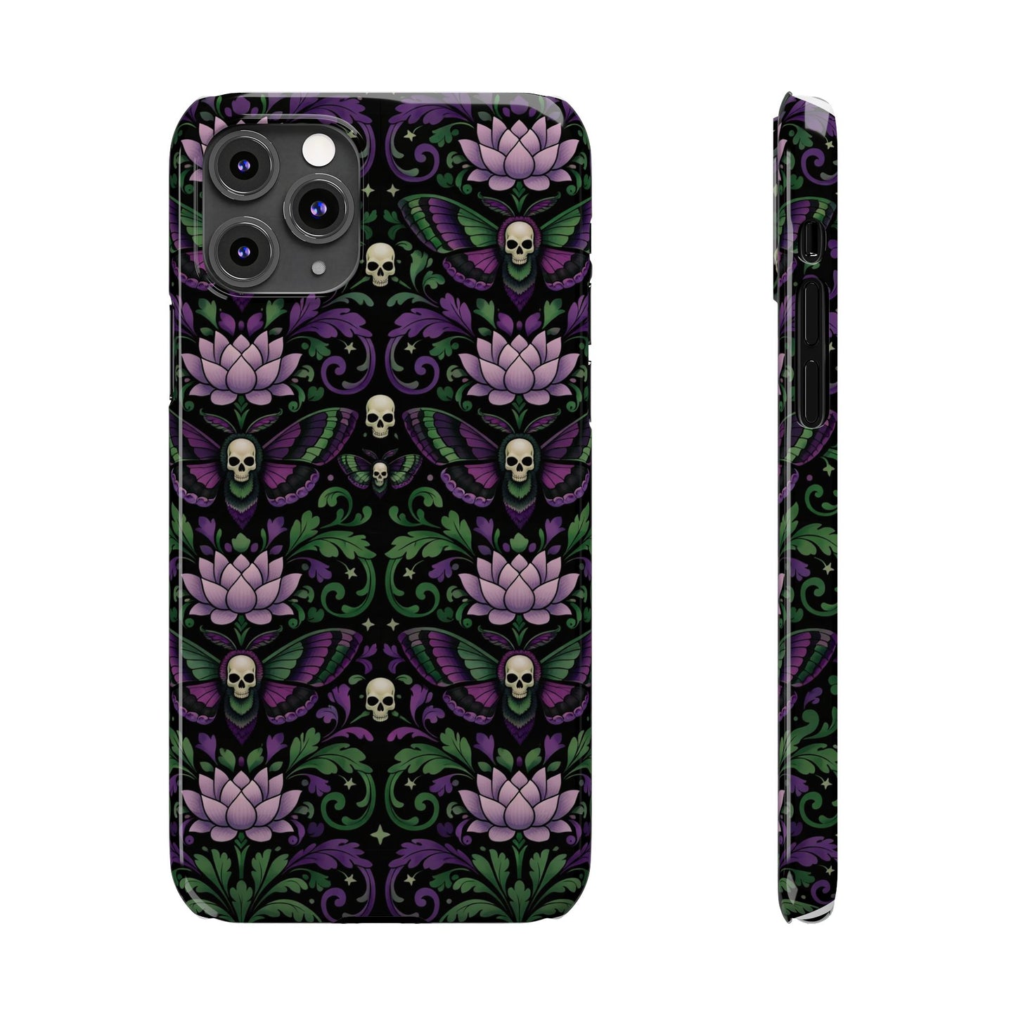 Gothic Lotus & Skull Slim Phone Case — Dark Floral Pattern for iPhone